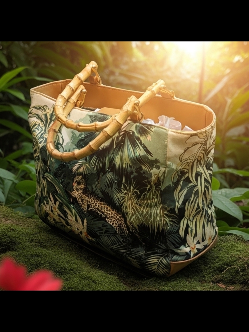 Vintage Y2K Sunny Hawaii Tropical Leopard Print Bamboo-Handle Tote 14"X10"X4.5"
